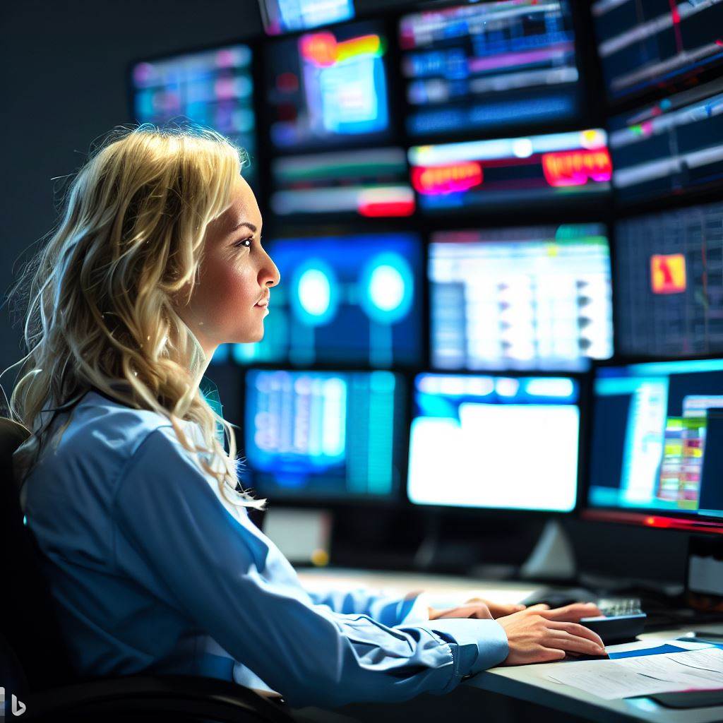 Public safety dispatcher working at a multi-screen console