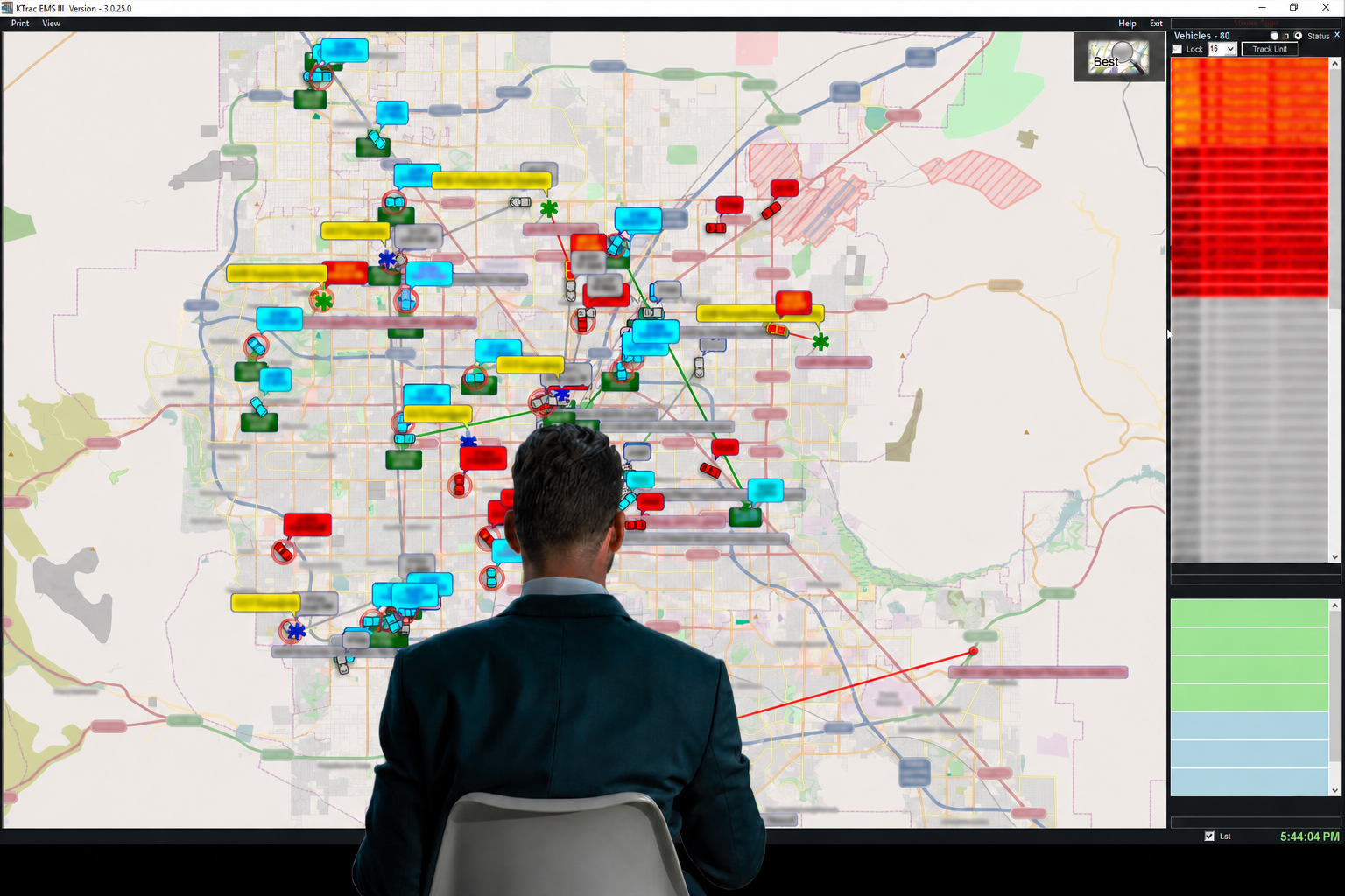 Dispatcher reviewing a KTrac emergency fleet map